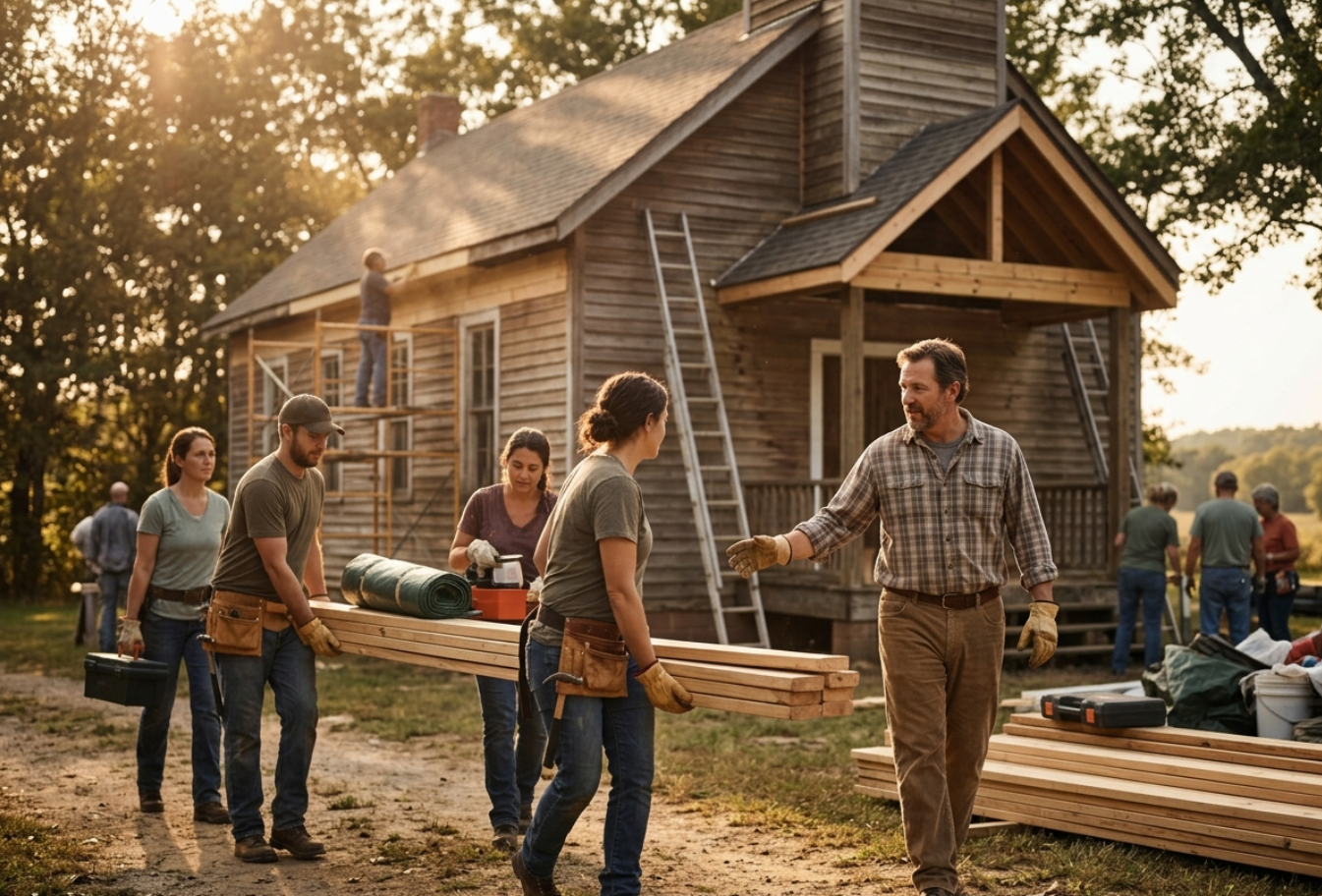 Volunteers doing construction work for a church