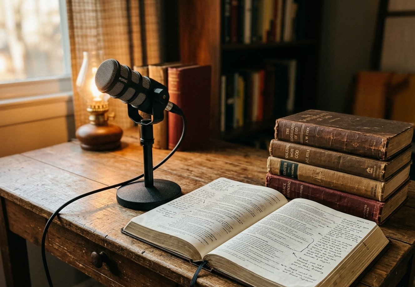 Bible and microphone on a desk